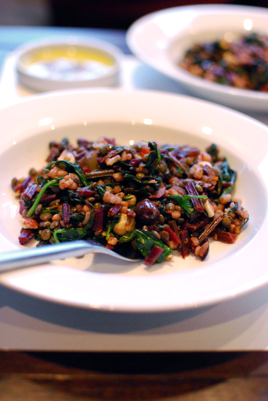 Spicy Wheatberries and Lentils with Beet Greens, Olives, and Hazelnuts